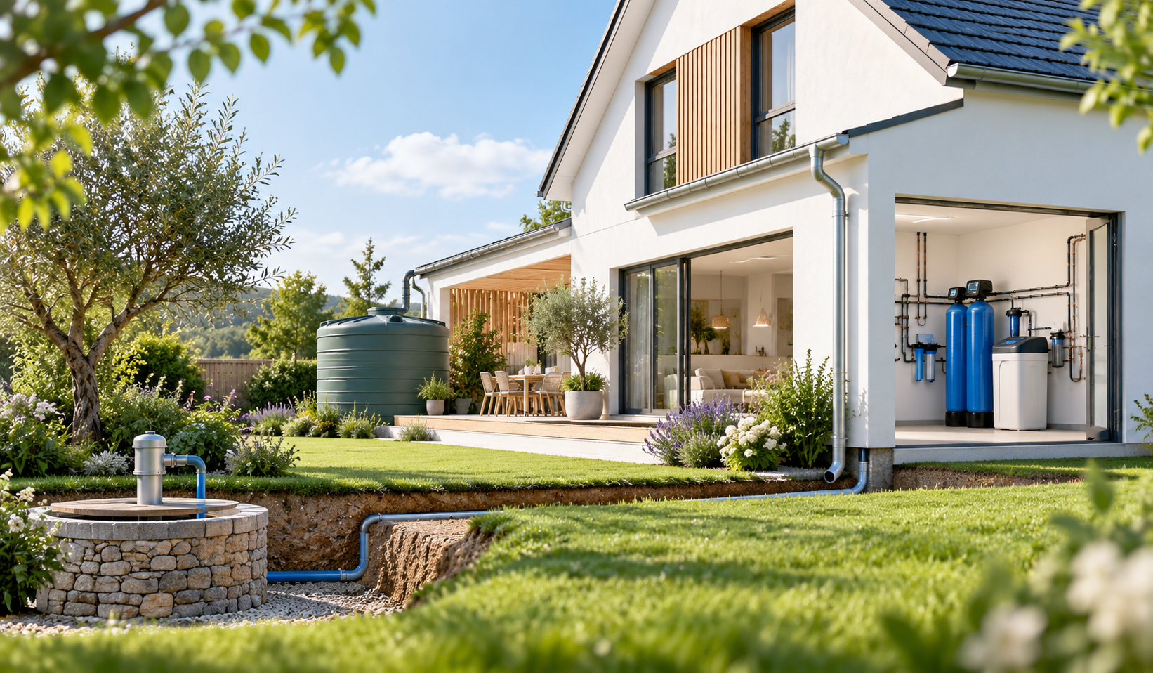 Maison équipée pour récupérer et filtrer l’eau de pluie, de puits ou de forage